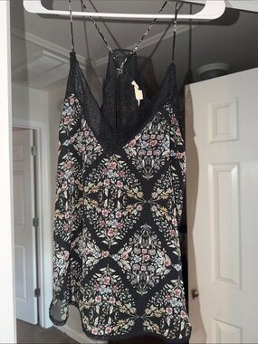 lovestitch Black Floral Lace-Trim Cami with Pink, Yellow & Green Accents